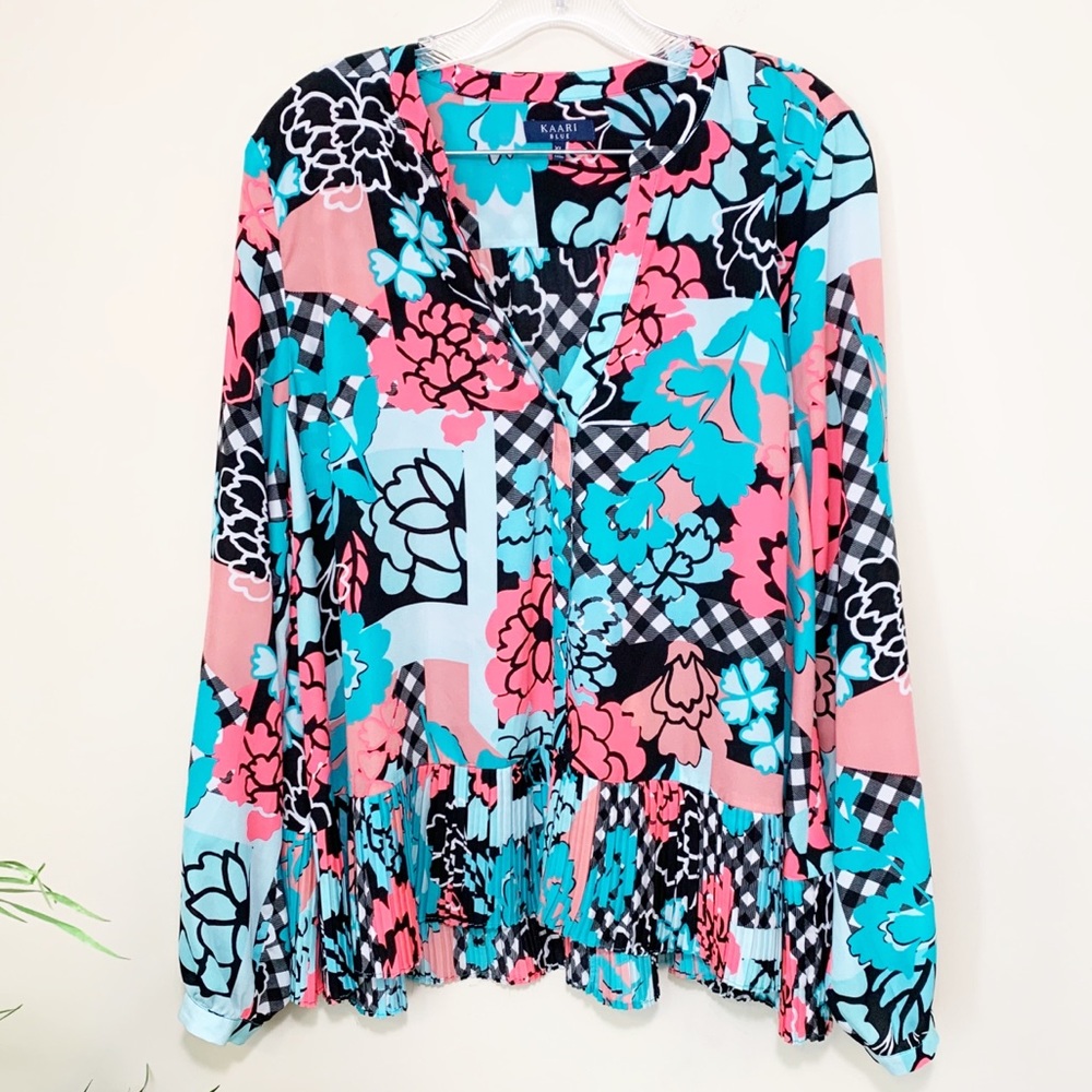 Kaari Blue Pink & Blue Pleated Floral Blouse Sz XL